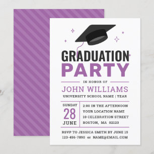 Invitation Parti moderne Gras Noir Blanc Violet Graduation