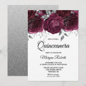 Invitation Parti Quinceanera Floral Argent Rose (Devant / Derrière)