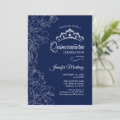 Invitation Parti Quinceanera Floral Blanc Marine (Debout devant)