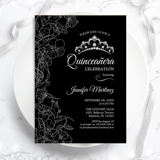 Invitation Parti Quinceanera Floral Blanc Noir