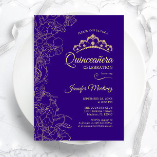 Invitation Parti Quinceanera Floral d'or violet