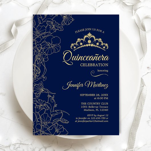 Invitation Parti Quinceanera Floral Marine
