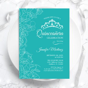 Invitation Parti Quinceanera Floral Turquoise