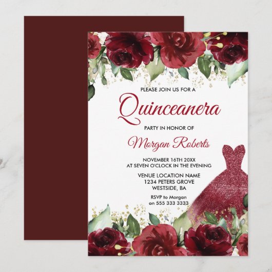 Invitation Parti Quinceanera Rose Floral Gown (Devant / Derrière)