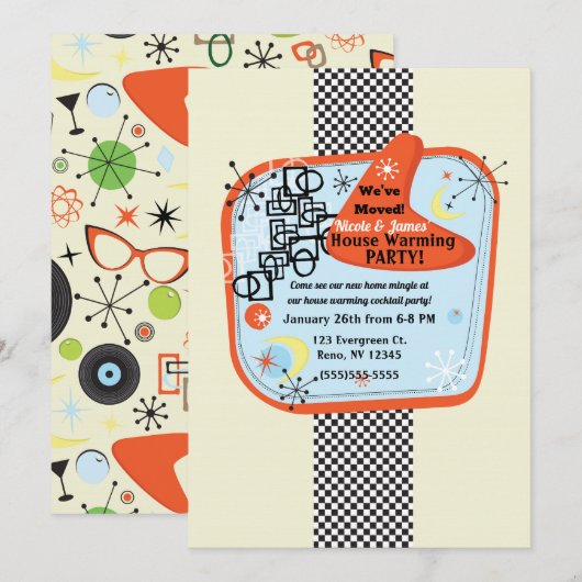 Invitation Parti rétro 50's 60's Vintage Houseéchauffement (Devant / Derrière)