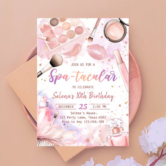 Invitation Parti Spa rose Glam Girl Maquillage fête d'anniver