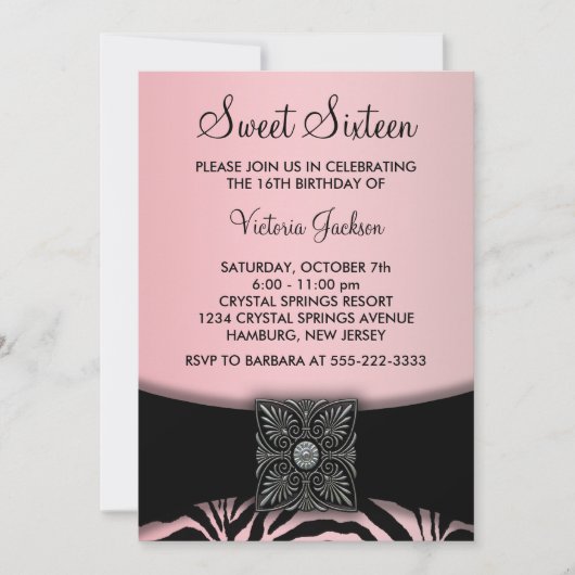 Invitation Parti Sweet sixteen Zèbre Noir Rose (Devant)