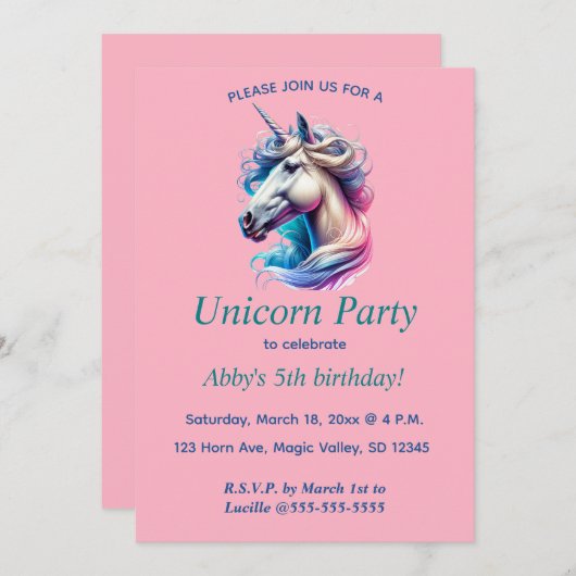 Invitation Parti Unicorn modifiable (Devant / Derrière)