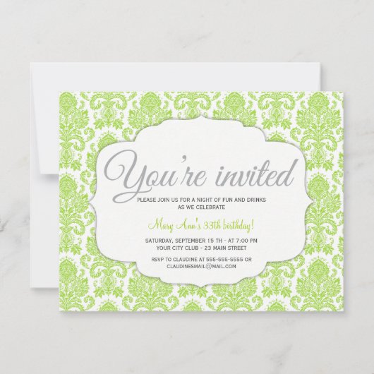 Invitation Parti vert Damask moderne (Devant)