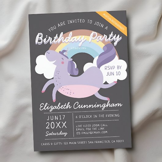 Invitation Parti virtuel d'anniversaire de Modern Cute Rainbo