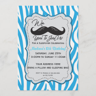 Invitation Partie bleue de Sleepover de moustache de zèbre !
