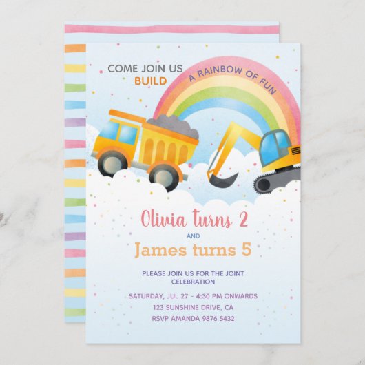 Invitation Partie d'anniversaire conjointe Arc-en-ciel et con (Devant / Derrière)