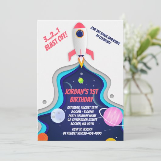 Invitation Partie d'anniversaire du navire-fusée spatial (Debout devant)