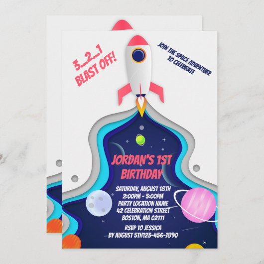 Invitation Partie d'anniversaire du navire-fusée spatial (Devant / Derrière)