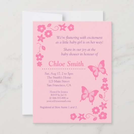 Invitation Partie de baby shower rose élégante de papillon (Devant)