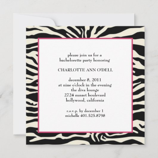 Invitation partie de bachelorette d'impression de zèbre (Devant)