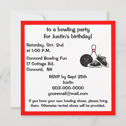 Invitation Partie de bowling d'anniversaire (Dos)