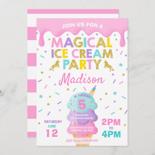 Invitation Partie de crème glacée de licorne d'invitation de (Devant / Derrière)
