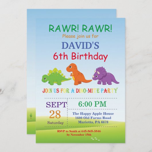 Invitation Partie de Dino d'invitation d'anniversaire de (Devant / Derrière)