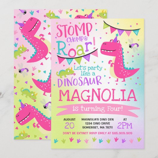 Invitation Partie de dinosaure de fille d'invitation (Devant / Derrière)