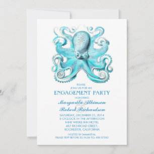 Invitation partie de fiançailles de la plage de pieuvre bleu