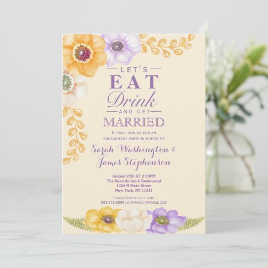 Invitation Partie de fiançailles florale d'or pourpre (Debout devant)