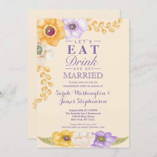 Invitation Partie de fiançailles florale d'or pourpre (Devant / Derrière)