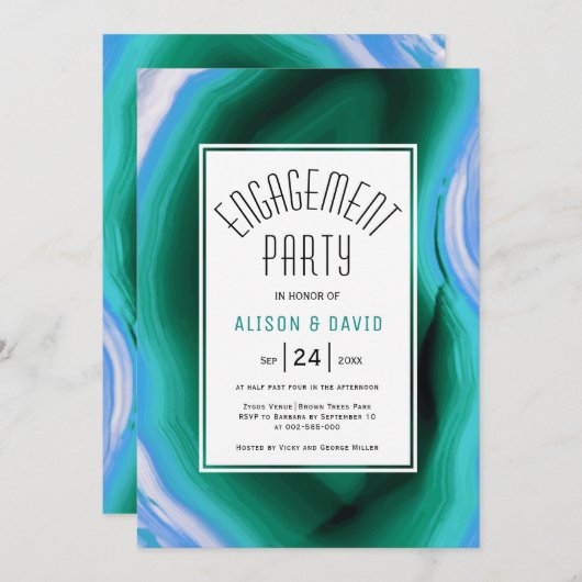 Invitation Partie de fiançailles mariage bleu, vert (Devant / Derrière)