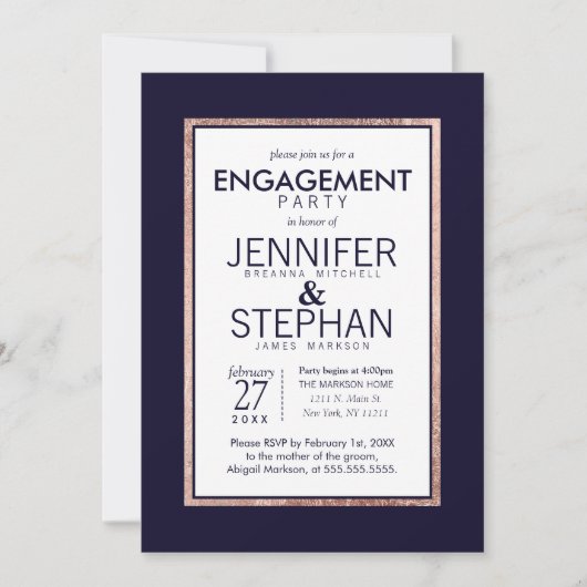 Invitation Partie de fiançailles rayée par or rose simple de (Devant)