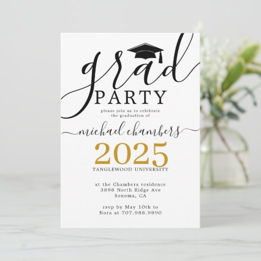 Invitation Partie de graduation Black Gold de Script moderne (Debout devant)