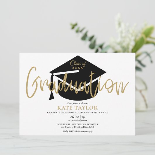 Invitation Partie de graduation de script or simple moderne (Debout devant)