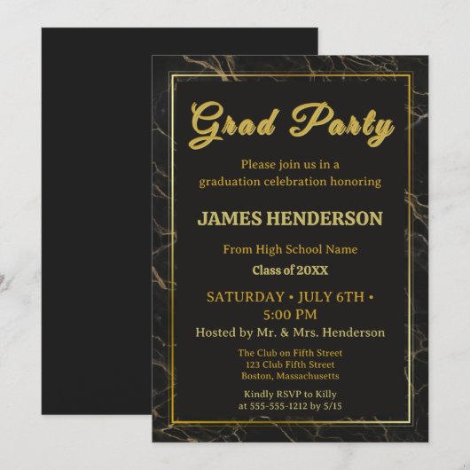Invitation Partie de graduation en marbre noir 2025 (Devant / Derrière)