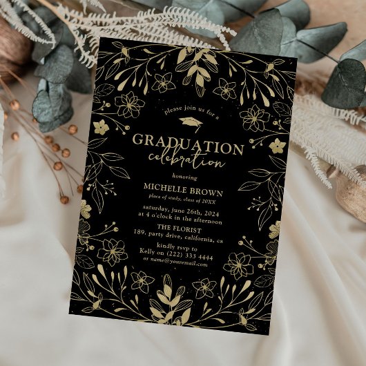 Invitation Partie de graduation en noir et or botanique