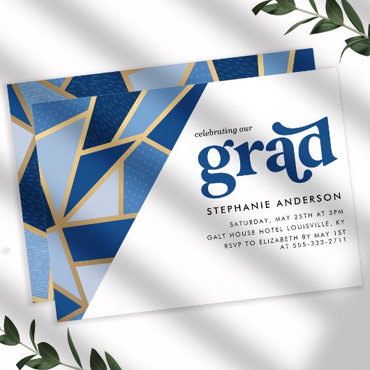 Invitation Partie de graduation géométrique bleue et or