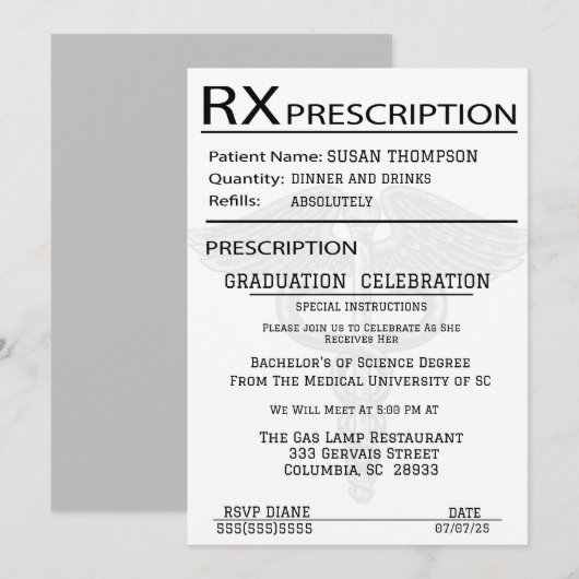 Invitation Partie de graduation Médicale du carnet d'ordonnan (Devant / Derrière)