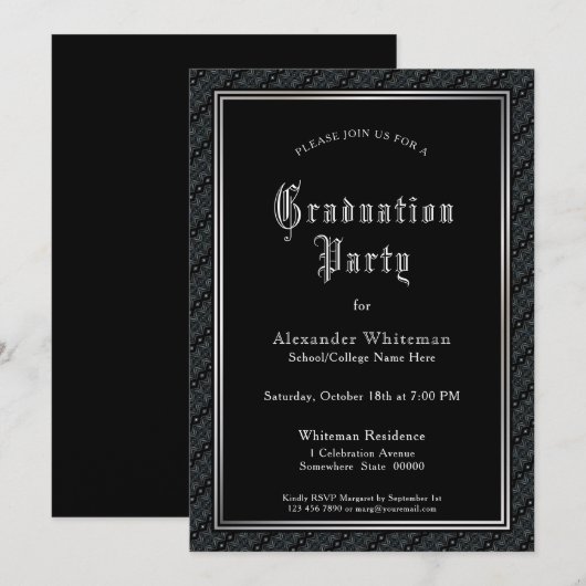 Invitation Partie de graduation noire du texte vintage (Devant / Derrière)