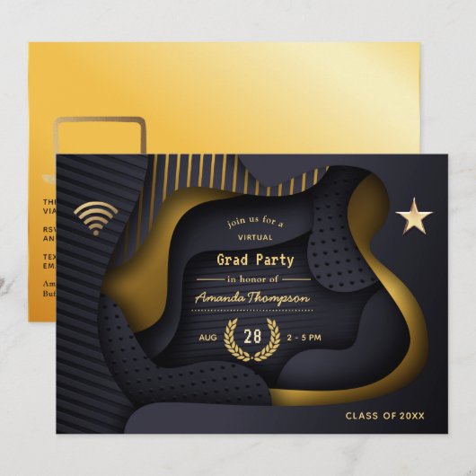 Invitation Partie de graduation virtuelle géométrique Noir et (Devant / Derrière)