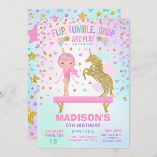 Invitation Partie de gymnastique de licorne d'invitation de (Devant / Derrière)