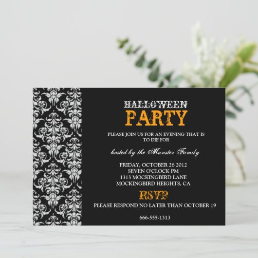 Invitation Partie de Halloween - damassé gothique noire (Debout devant)