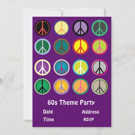 Invitation partie de hippie de signe de paix du thème 60s (Devant)