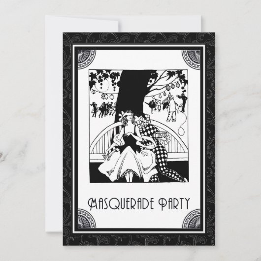 Invitation Partie de mascarade d'art déco en noir et blanc (Devant)
