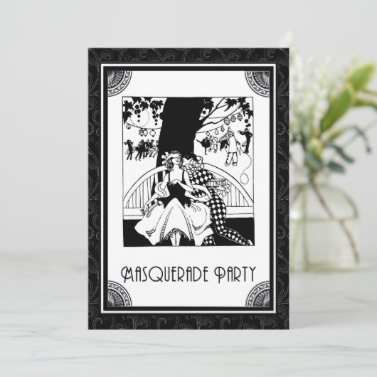 Invitation Partie de mascarade d'art déco en noir et blanc (Debout devant)