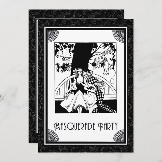 Invitation Partie de mascarade d'art déco en noir et blanc (Devant / Derrière)