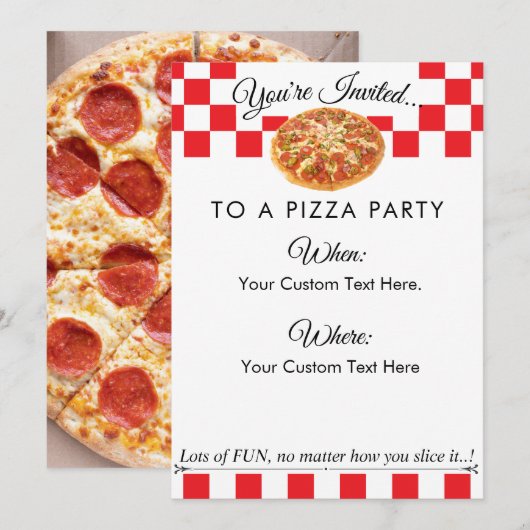 Invitation Partie de pizza texte personnalisé|Fun Red White C (Devant / Derrière)