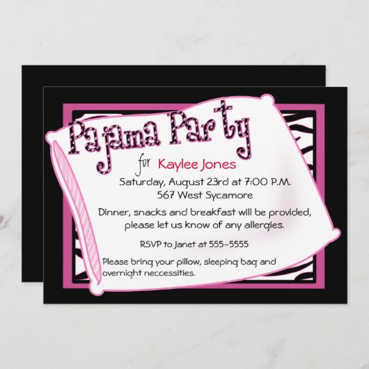 Invitation Partie de pyjama dans le noir et le rose (Devant / Derrière)