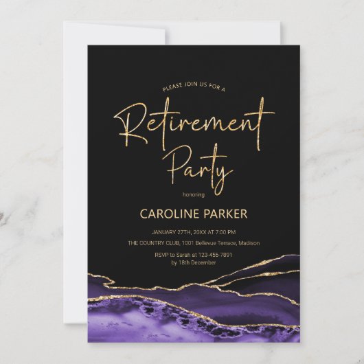 Invitation Partie de retraite de l'or noir violet Agate (Devant)