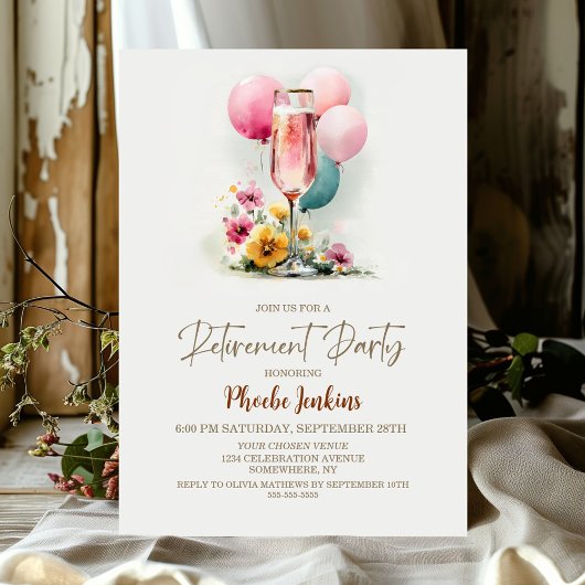 Invitation Partie de retraite en verre de Champagne rose