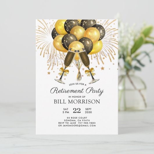 Invitation Partie de retraite Gold Black Balloons Champagne (Debout devant)