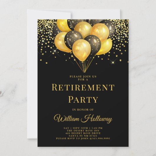 Invitation Partie de retraite moderne Gold Black Ballons Noir (Devant)