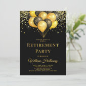 Invitation Partie de retraite moderne Gold Black Ballons Noir (Debout devant)